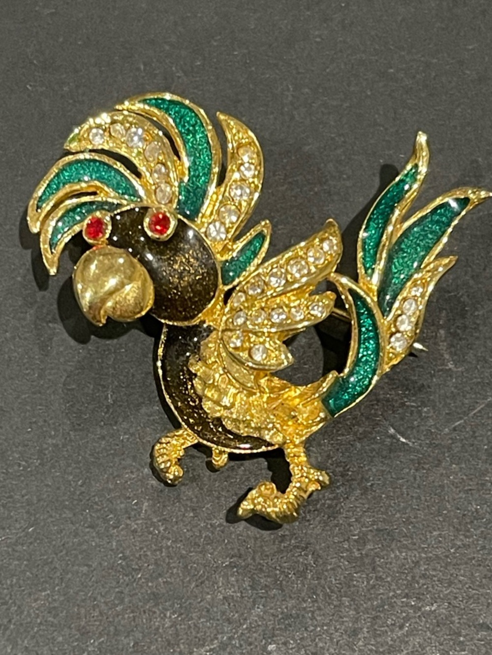 Gold and Green Parrot Brooch - Decorative Bird Pin